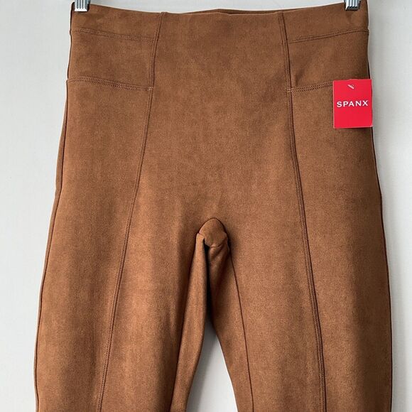 SPANX Shaping Leggings Size L Rich Caramel Faux Suede Pull On Stretch - Picture 10 of 11